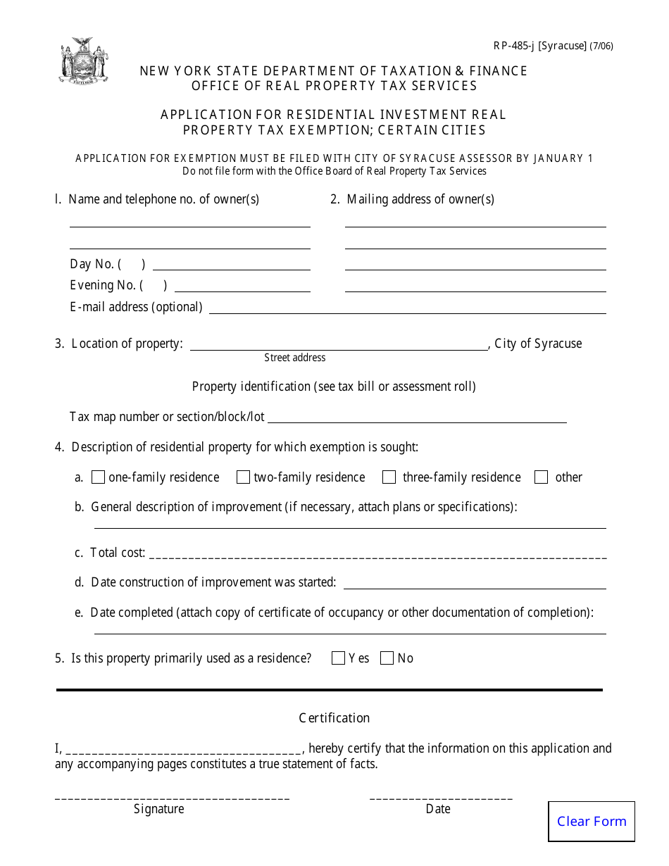 Form RP-485-J [SYRACUSE] Application for Residential Investment Real Property Tax Exemption - City of Syracuse, New York, Page 1