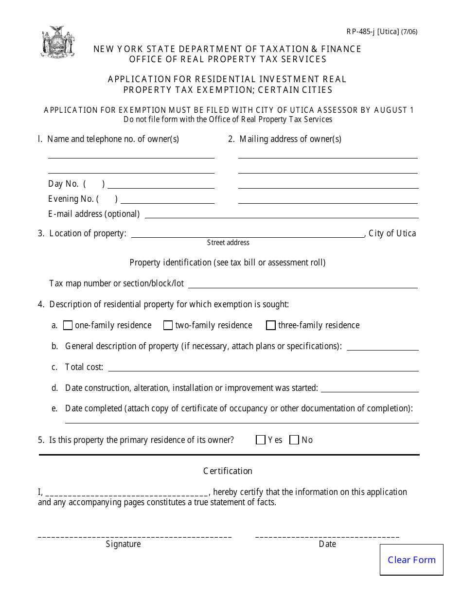 Form RP-485-J [UTICA] Application for Residential Investment Real Property Tax Exemption - City of Utica, New York, Page 1