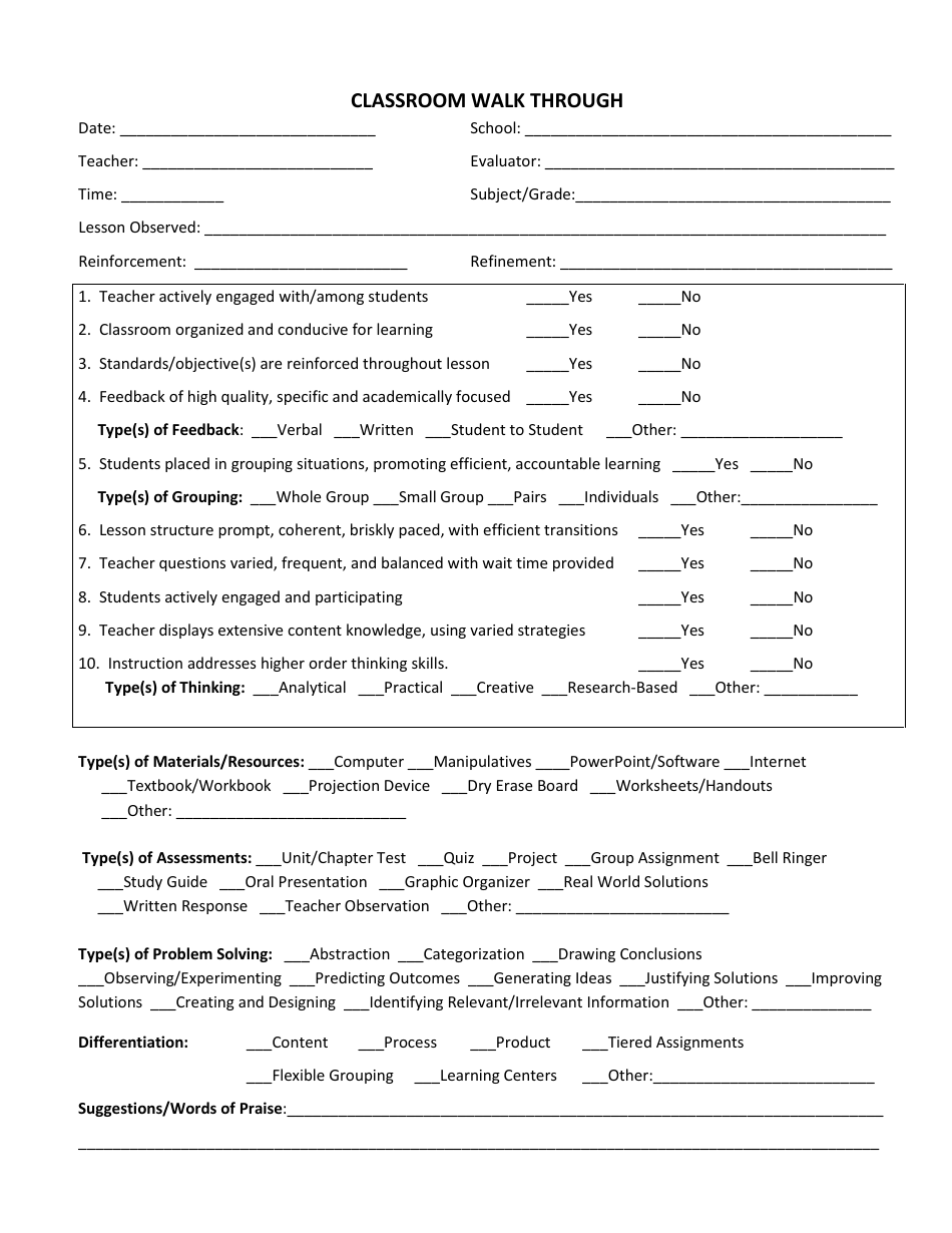 Classroom Walkthrough Template - Fill Out, Sign Online and Download PDF ...