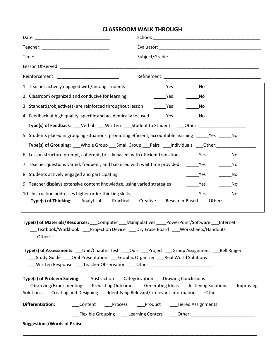 Classroom Walkthrough Template Fill Out Sign Online And Download PDF 