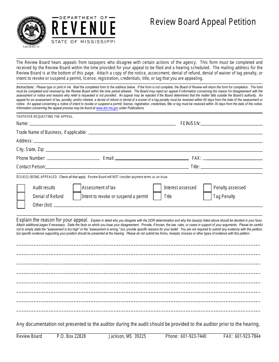 Form 50-001-10 Review Board Appeal Petition - Mississippi, Page 1