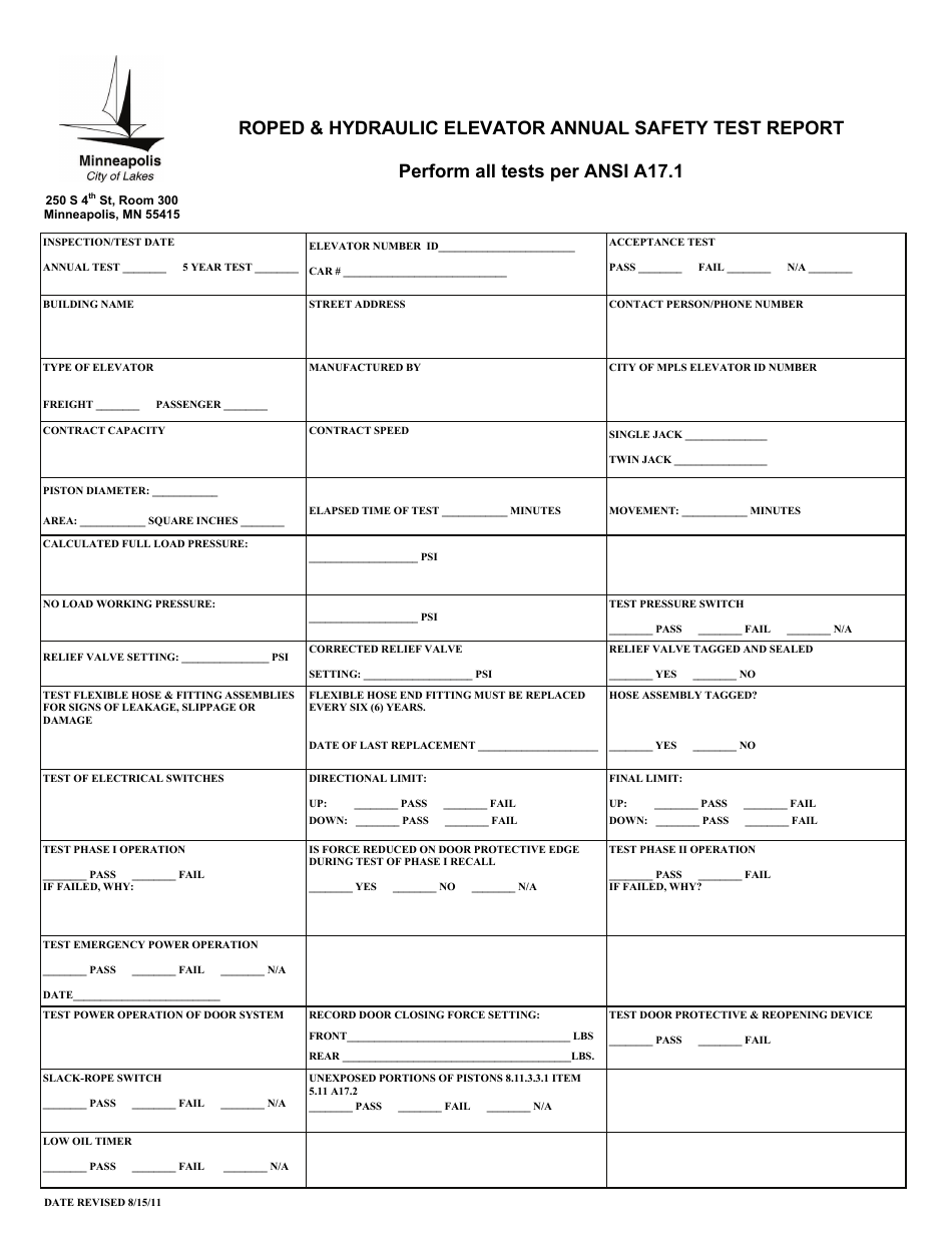 Roped  Hydraulic Elevator Annual Safety Test Report Form - City of Minneapolis, Minnesota, Page 1