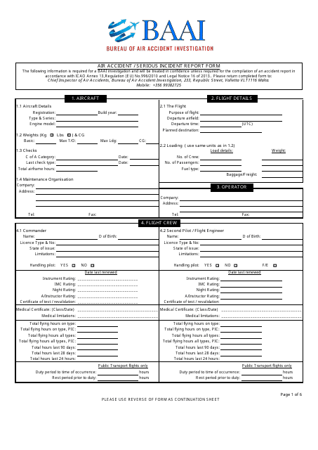 Air Accident / Serious Incident Report Form - Bureau of Air Accident Investigation - Valletta, Malta