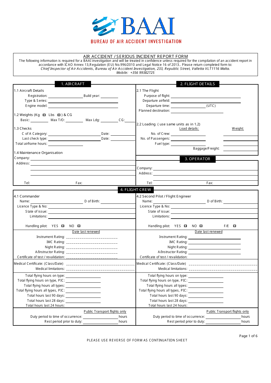 Air Accident / Serious Incident Report Form - Bureau of Air Accident Investigation - Valletta, Malta, Page 1
