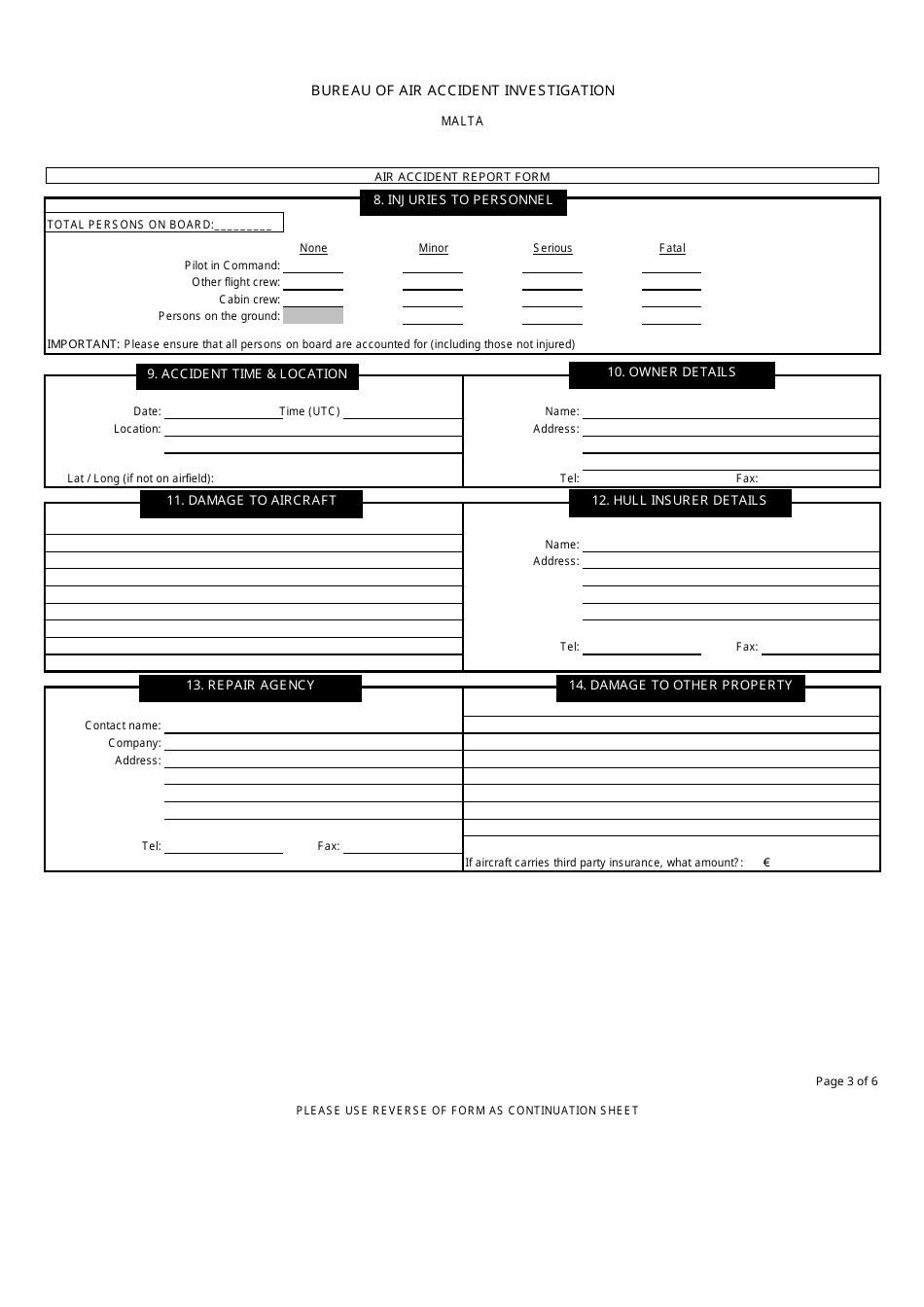 Air Accident / Serious Incident Report Form - Bureau of Air Accident Investigation - Valletta, Malta, Page 3