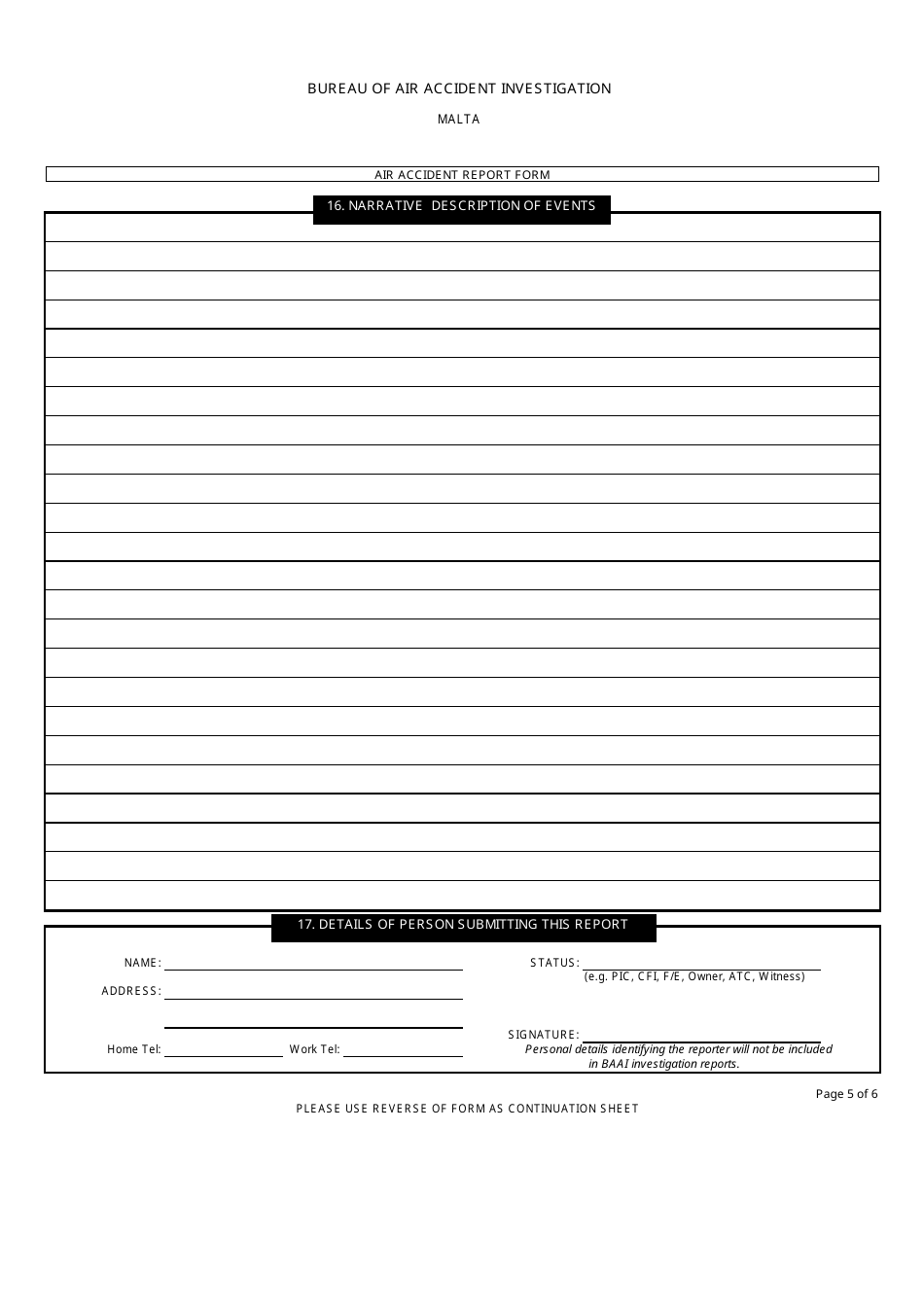 Air Accident / Serious Incident Report Form - Bureau of Air Accident Investigation - Valletta, Malta, Page 5