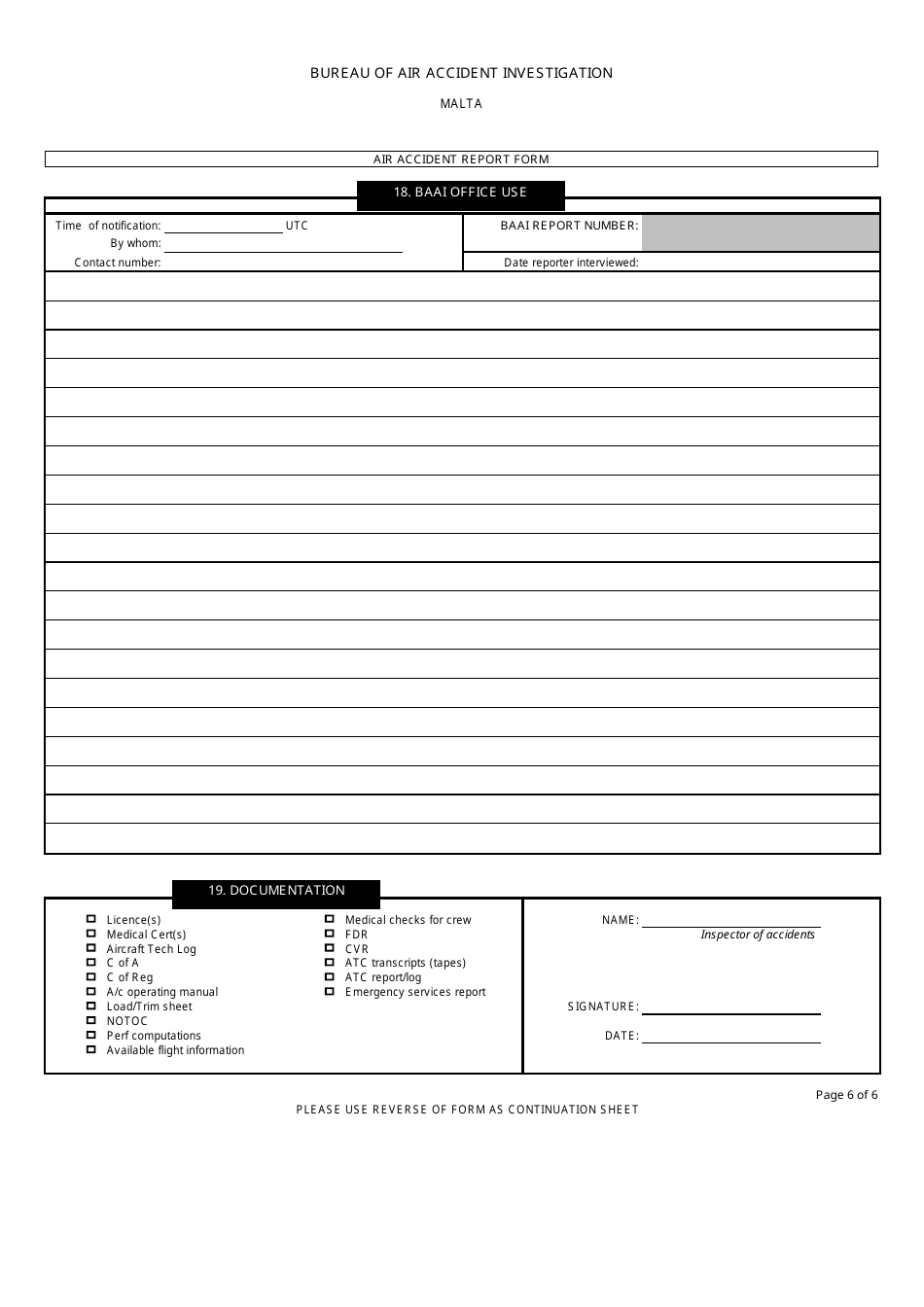 Air Accident / Serious Incident Report Form - Bureau of Air Accident Investigation - Valletta, Malta, Page 6