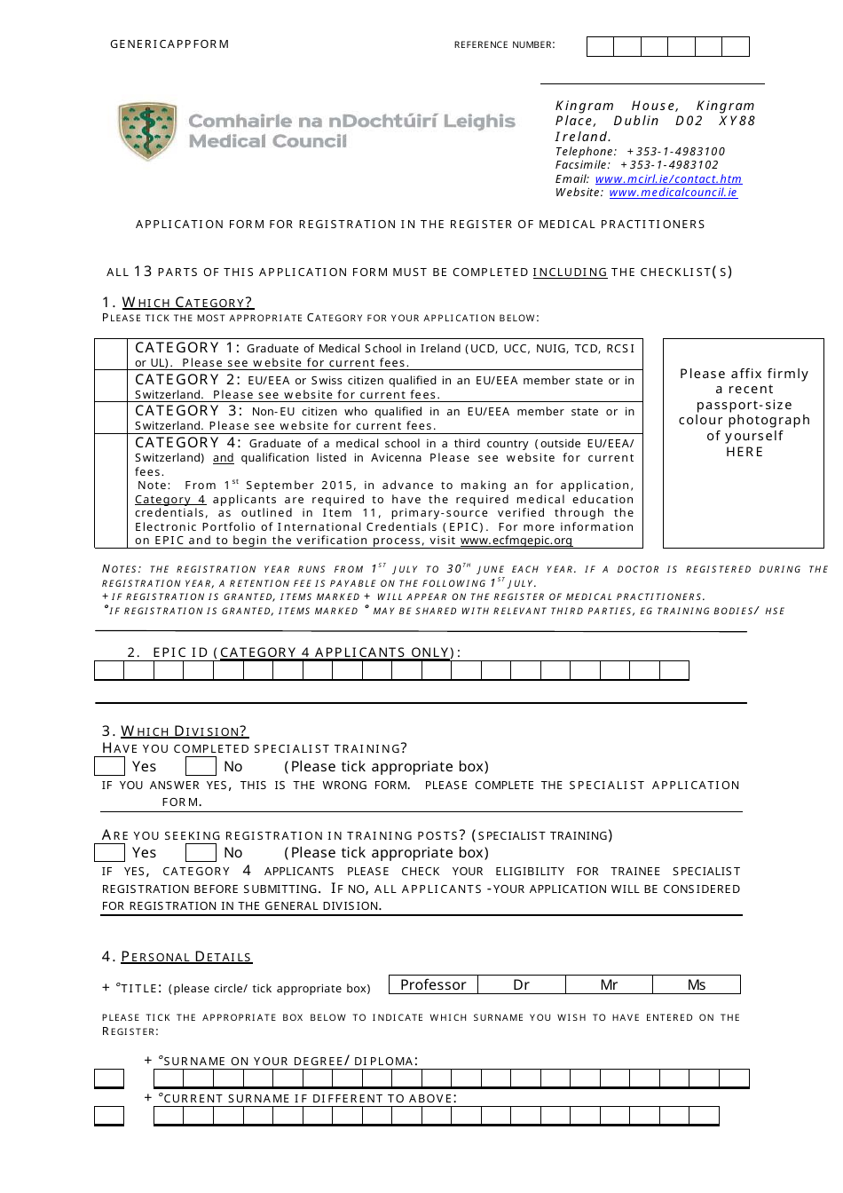 Ireland Application Form For Registration In The Register Of Medical Practitioners Comhairle