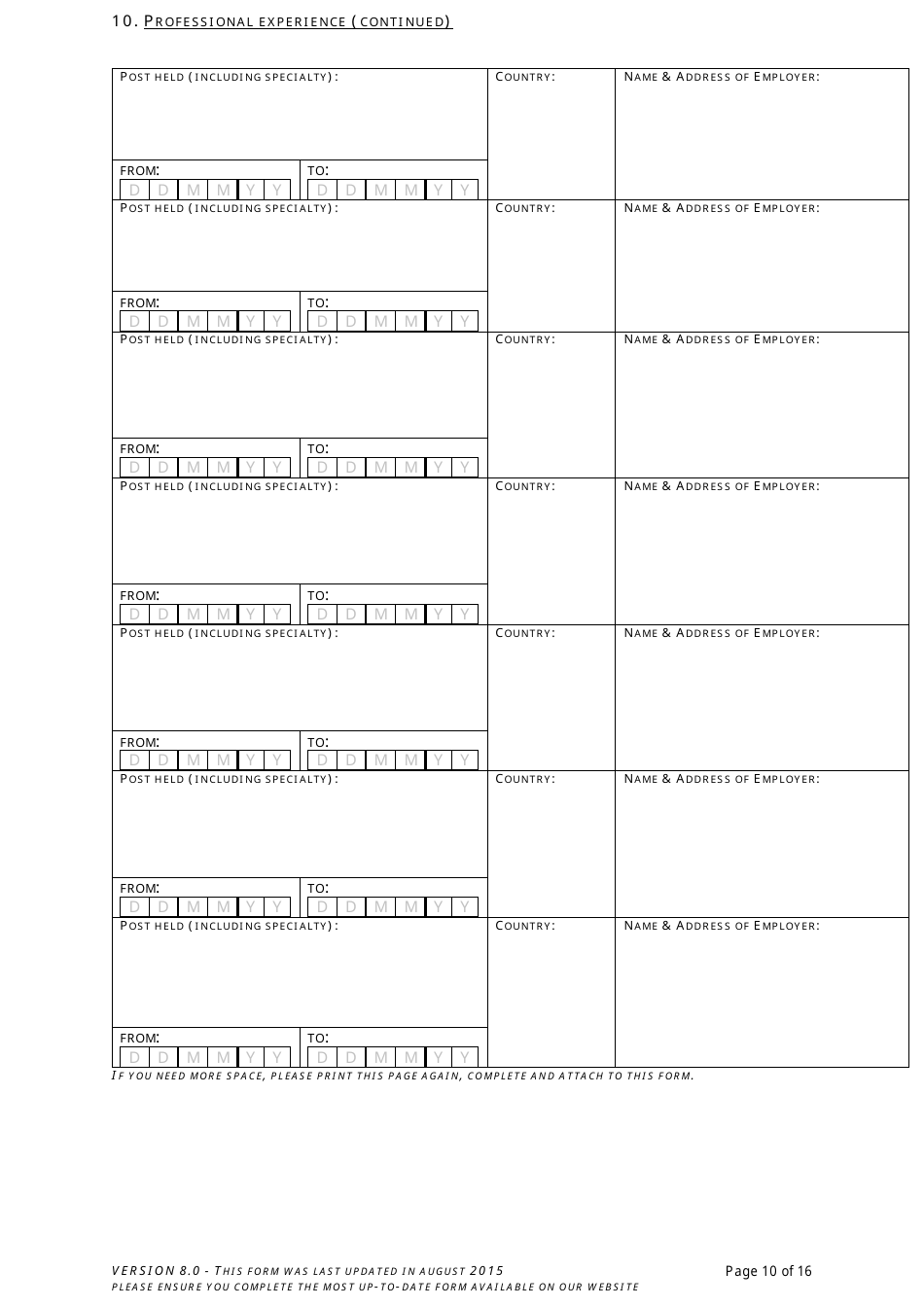 Application Form for Registration in the Register of Medical Practitioners - Comhairle Na Ndochtulri Leighis Medical Council - Ireland, Page 10