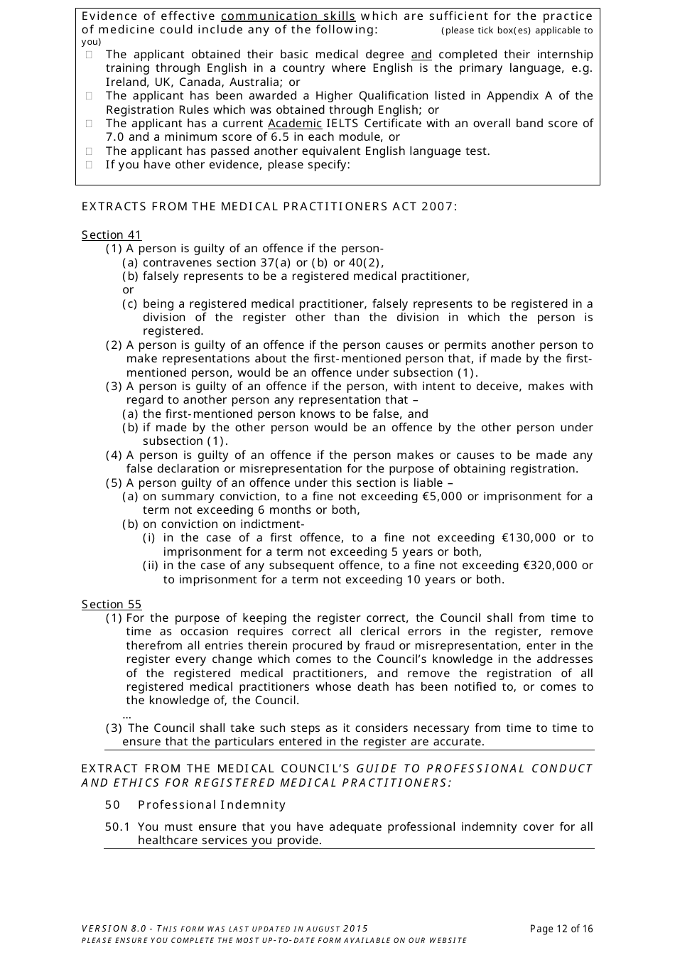 Application Form for Registration in the Register of Medical Practitioners - Comhairle Na Ndochtulri Leighis Medical Council - Ireland, Page 12