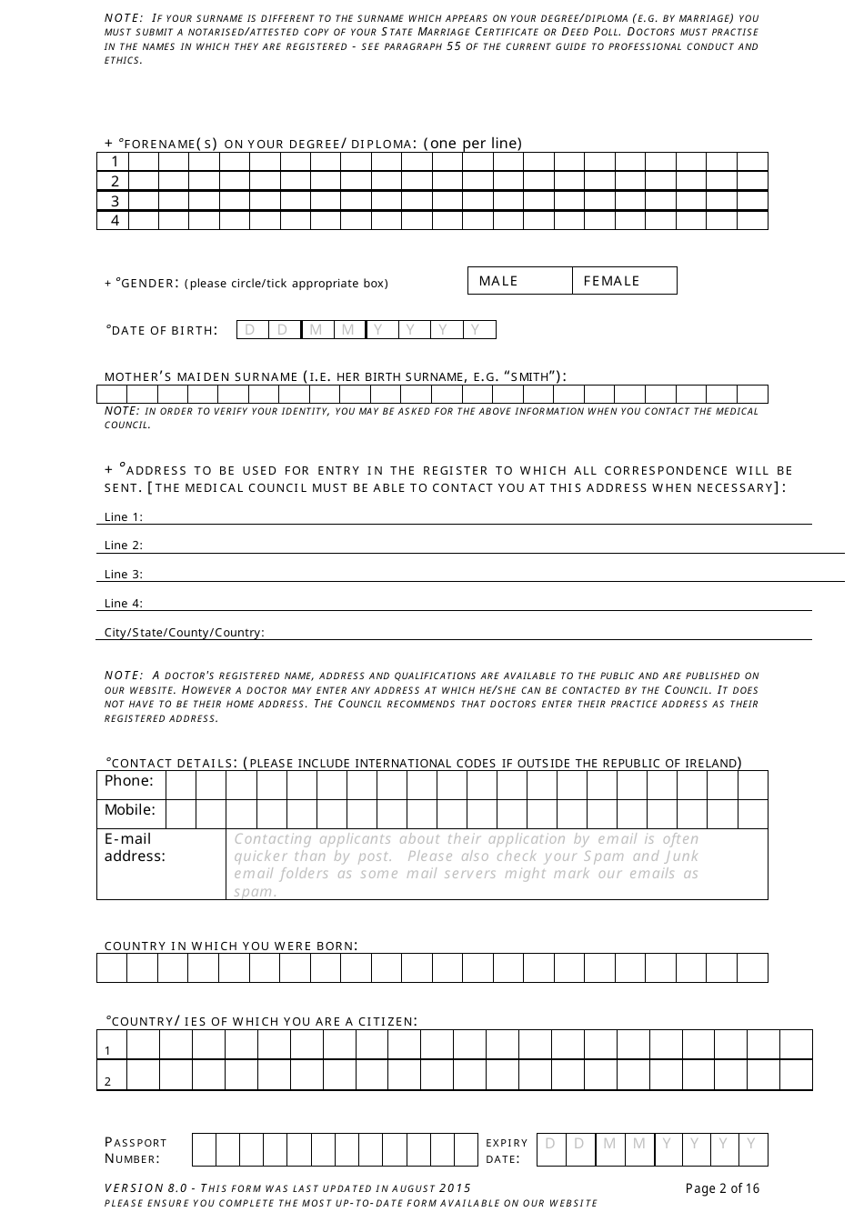 Application Form for Registration in the Register of Medical Practitioners - Comhairle Na Ndochtulri Leighis Medical Council - Ireland, Page 2