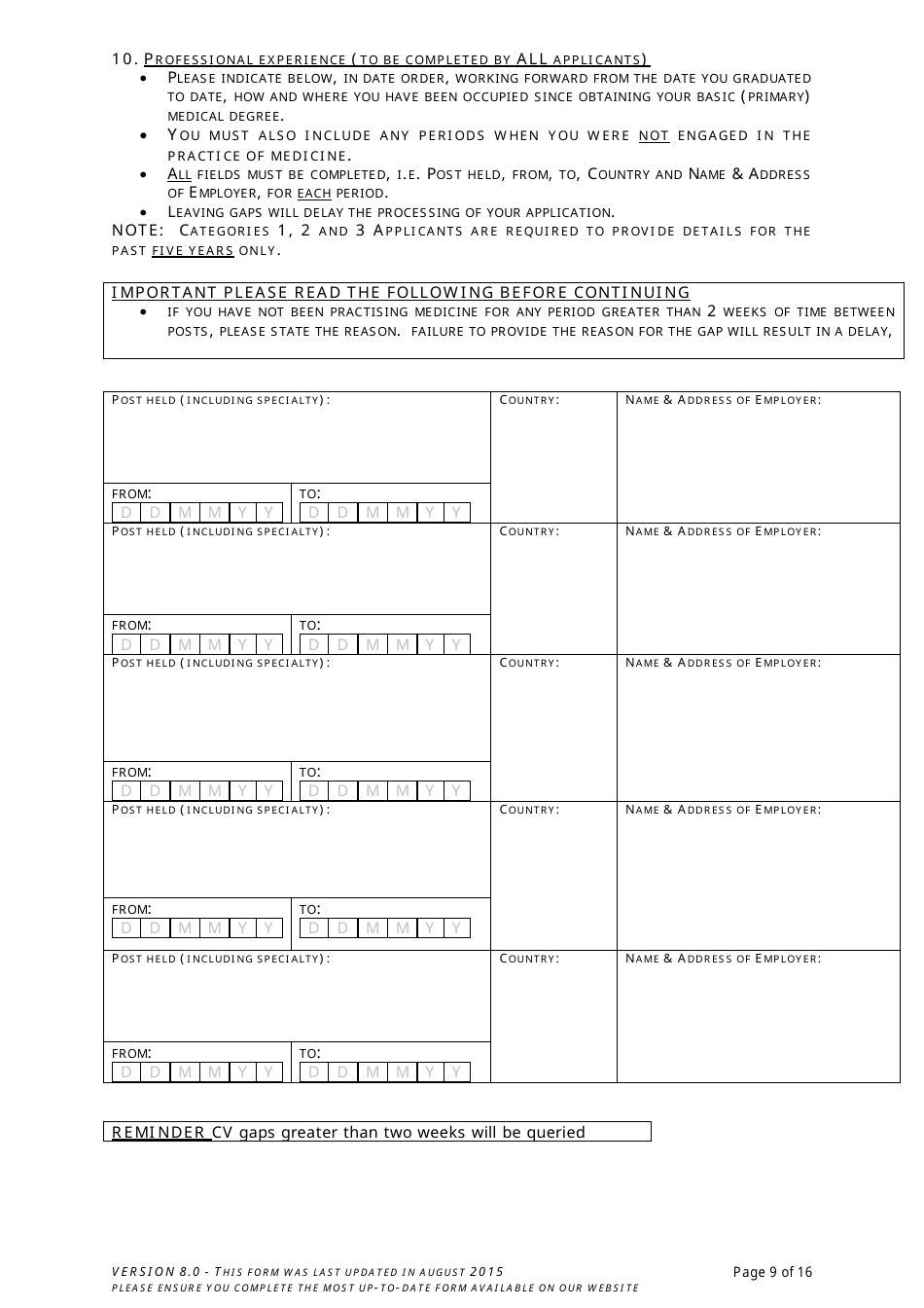 Application Form for Registration in the Register of Medical Practitioners - Comhairle Na Ndochtulri Leighis Medical Council - Ireland, Page 9