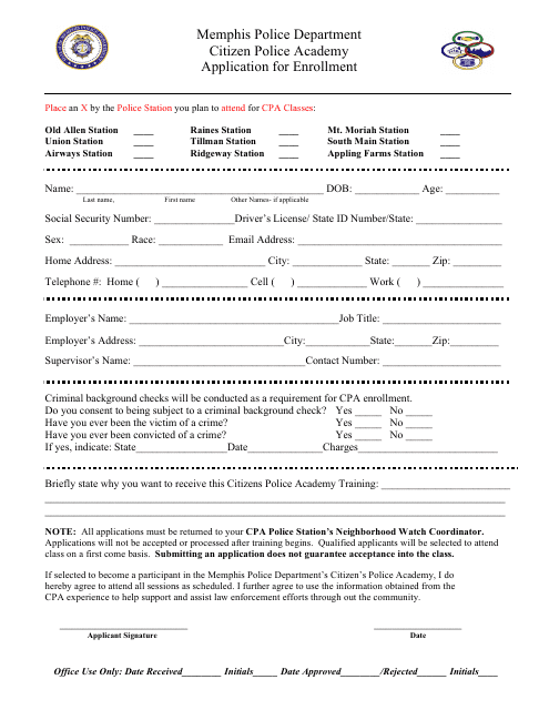Application for Enrollment - Citizen Police Academy - Memphis, Tennessee Download Pdf