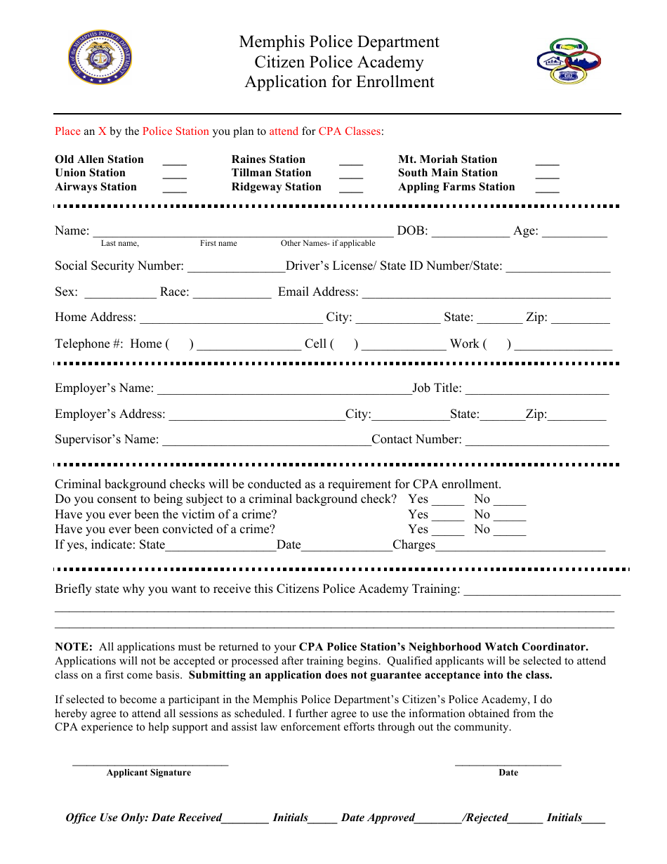 Memphis Tennessee Application For Enrollment - Citizen Police Academy Download Printable Pdf Templateroller