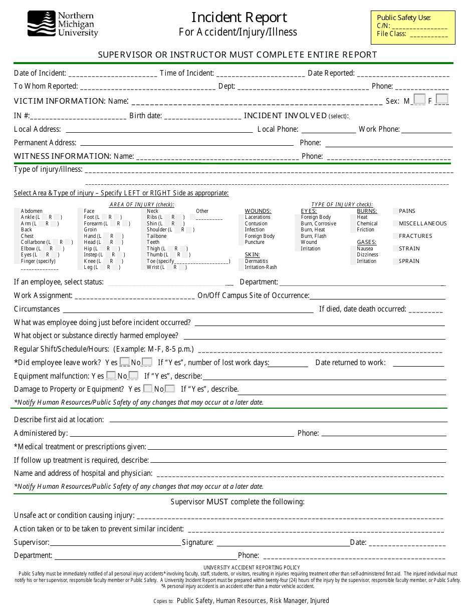 Incident Report Form for Accident / Injury / Illness - Northern Michigan University, Page 1