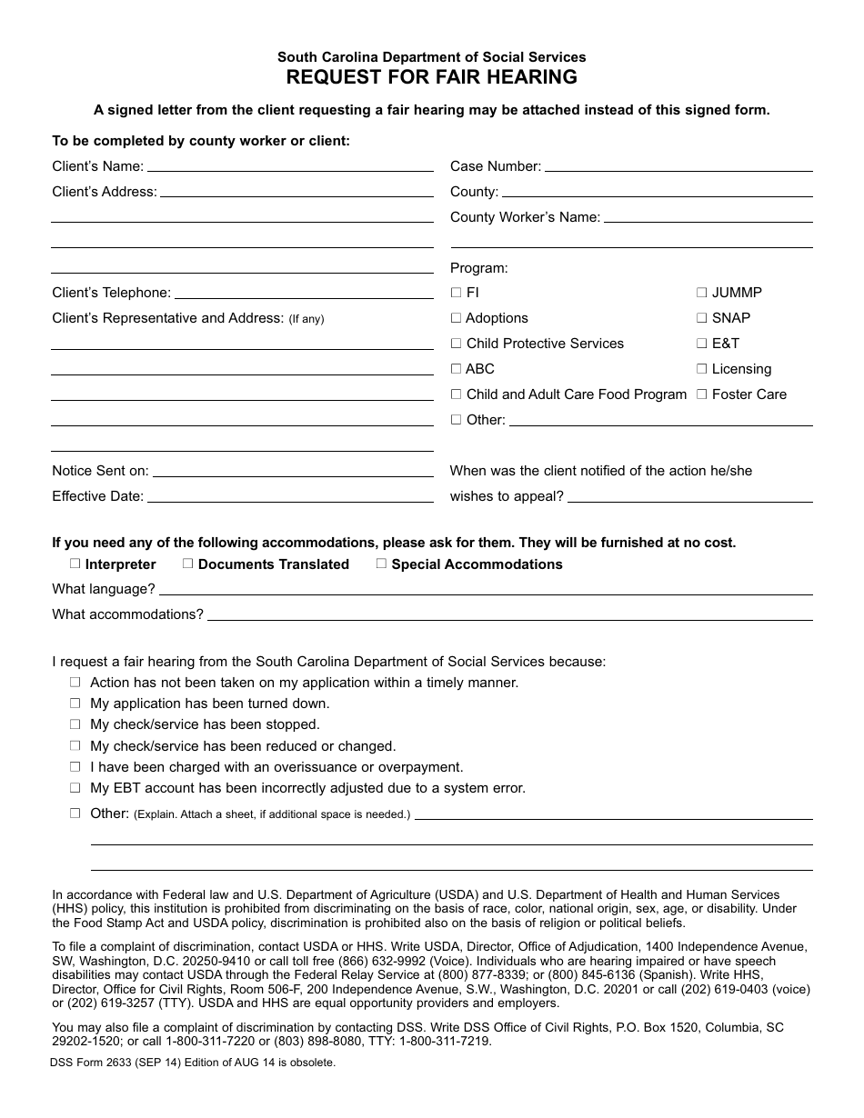 DSS Form 2633 Request for Fair Hearing - South Carolina, Page 1