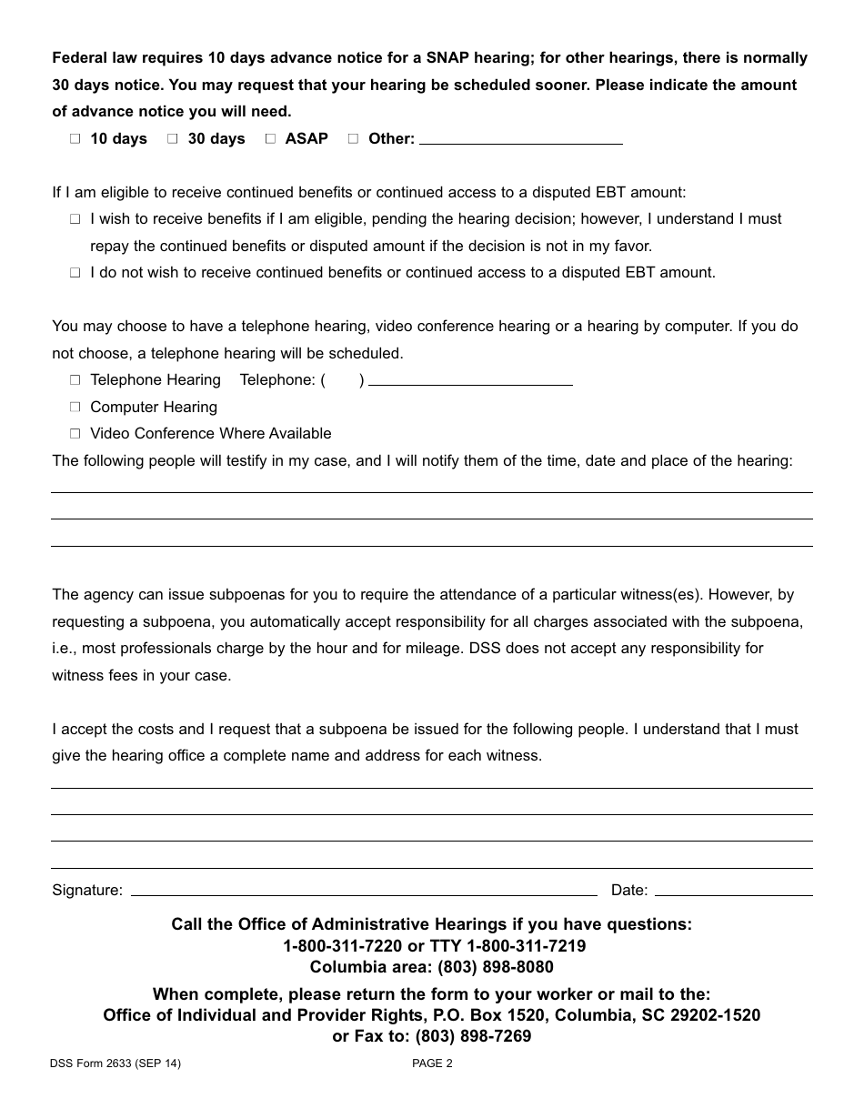 DSS Form 2633 Request for Fair Hearing - South Carolina, Page 2