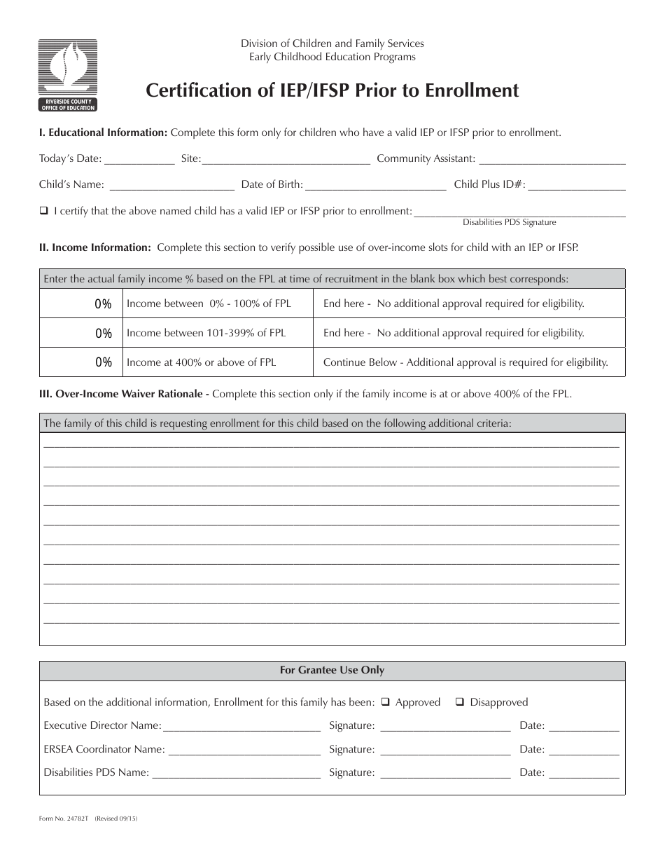 Form 24782T Certification of Iep / Ifsp Prior to Enrollment - Riverside County, California, Page 1