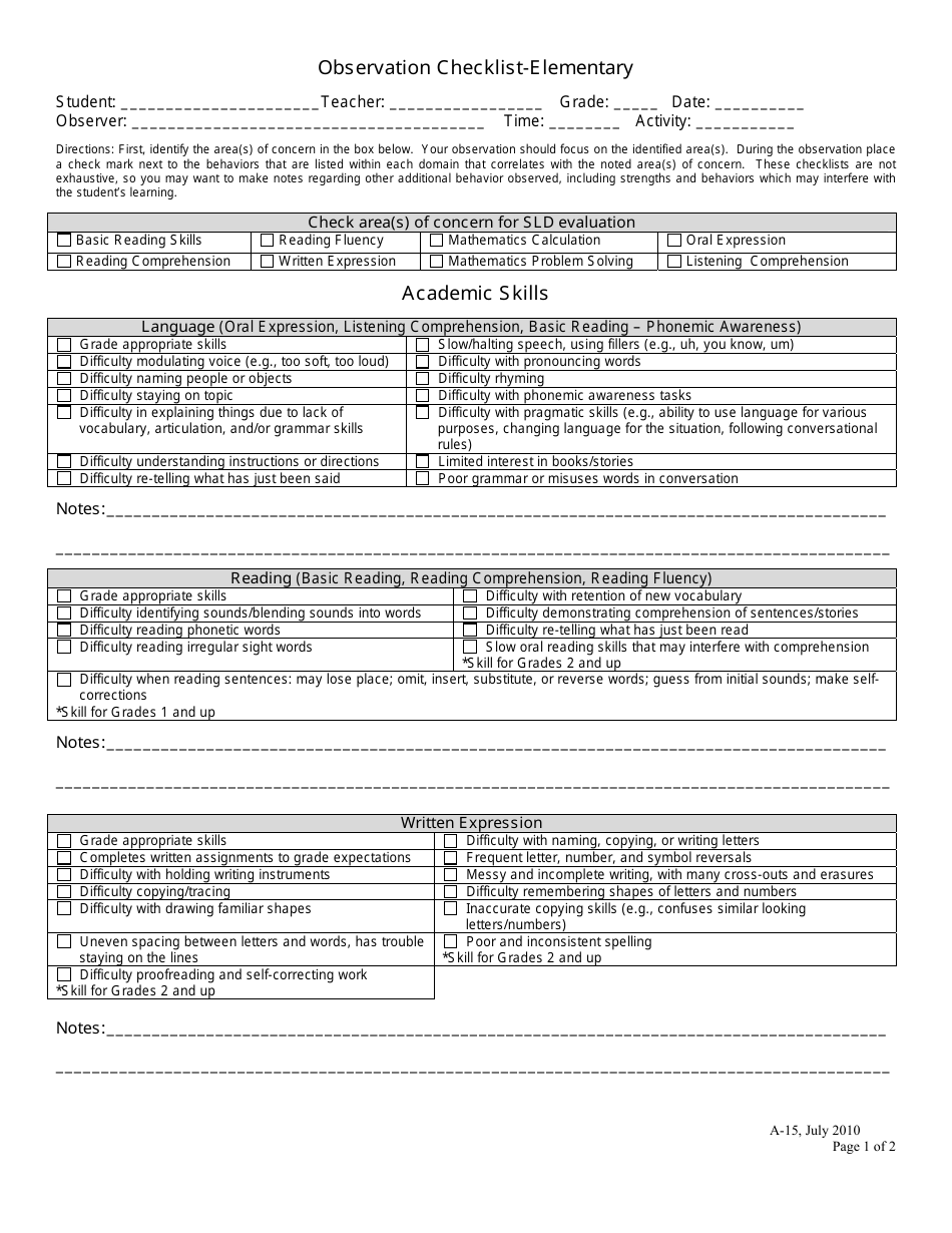 Observation Checklist-Elementary Download Fillable PDF | Templateroller