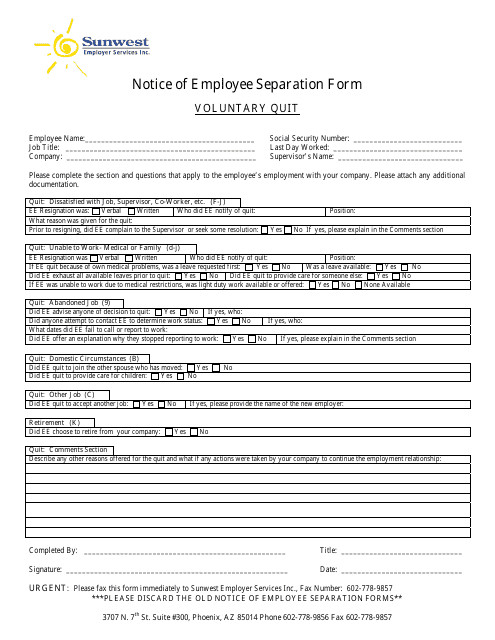 Notice of Employee Separation Form - Voluntary Quit - Sunwest Employer Services Download Pdf