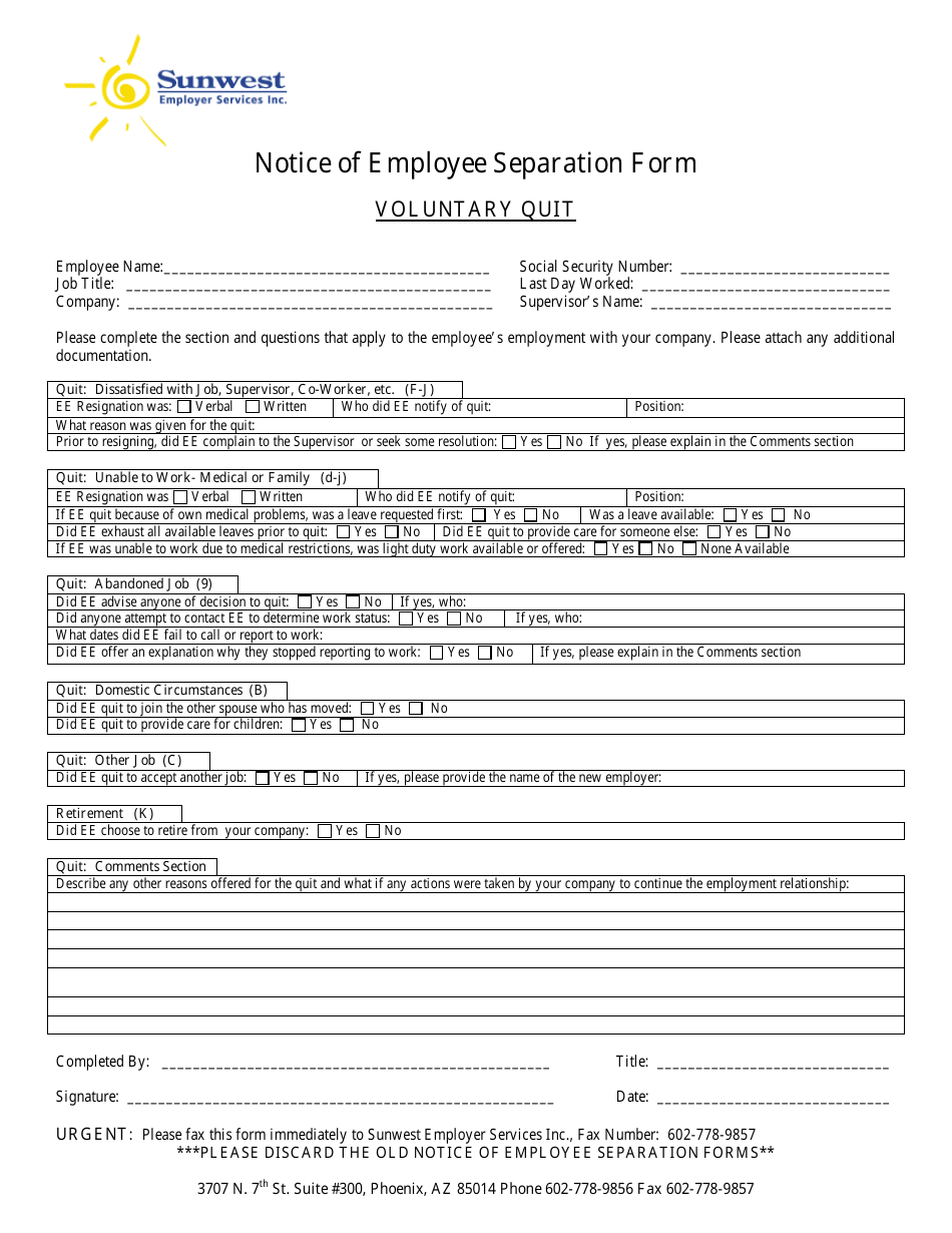 Notice of Employee Separation Form - Voluntary Quit - Sunwest Employer Services, Page 1