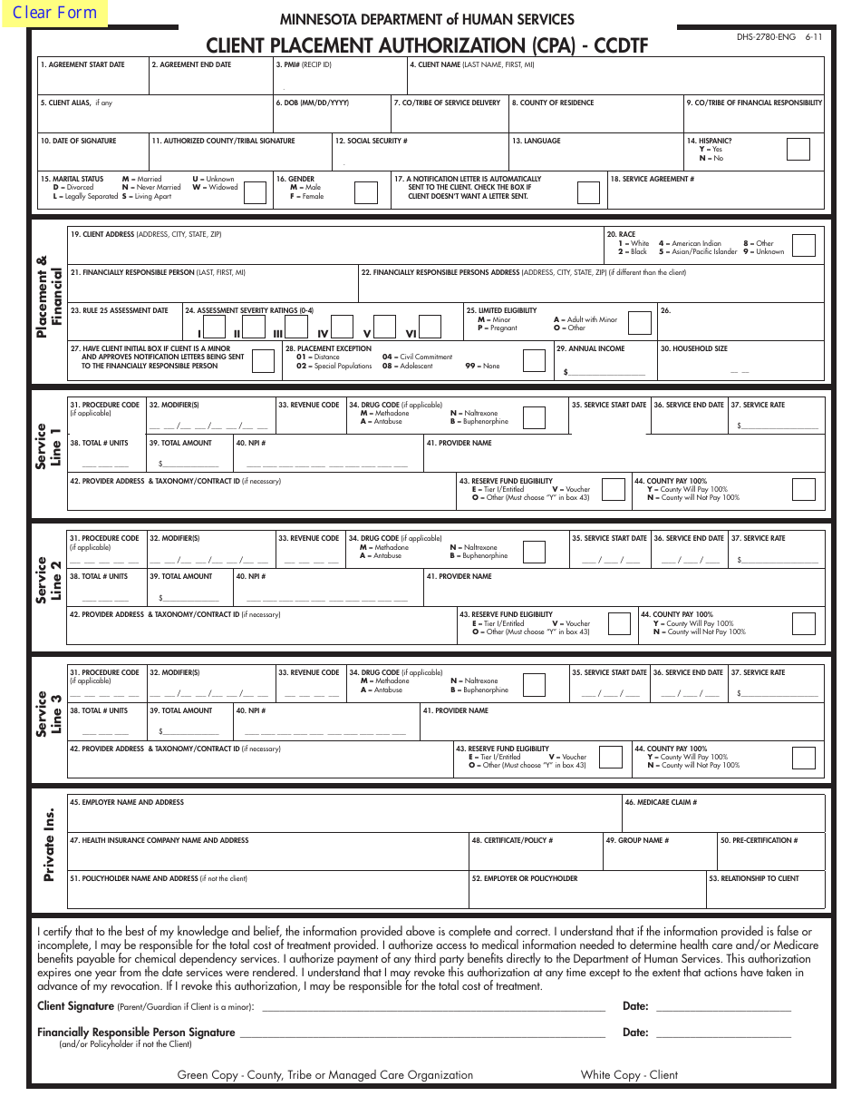Form DHS-2780 Client Placement Authorization (CPA) - Ccdtf - Minnesota, Page 1