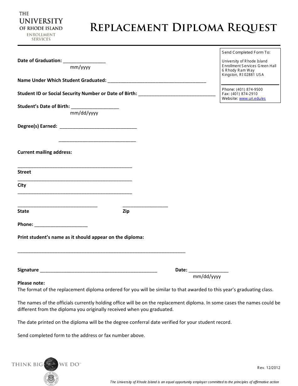 Replacement Diploma Request Form - University of Rhode Island, Page 1