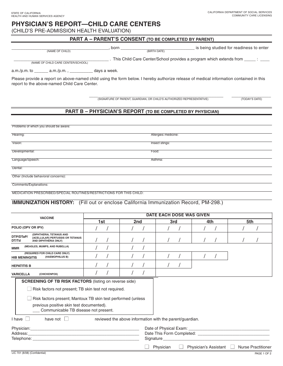 Form LIC701 Physicians Report - Child Care Centers - California, Page 1