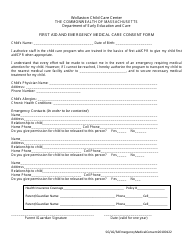 &quot;First Aid and Emergency Medical Care Consent Form - Wollaston Child Care Center&quot; - Massachusetts