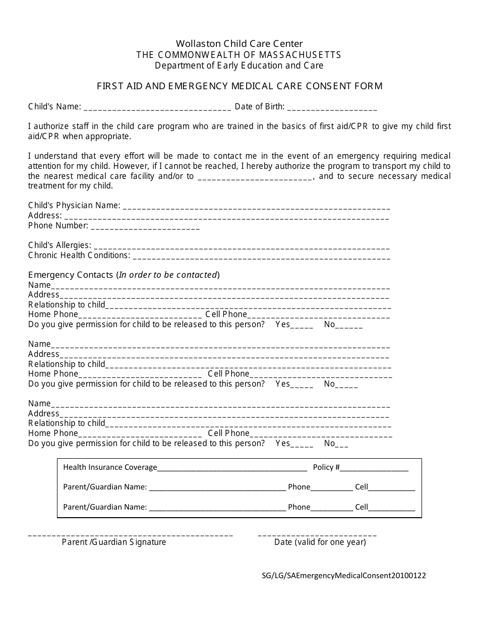 First Aid and Emergency Medical Care Consent Form - Wollaston Child Care Center - Massachusetts, Page 1