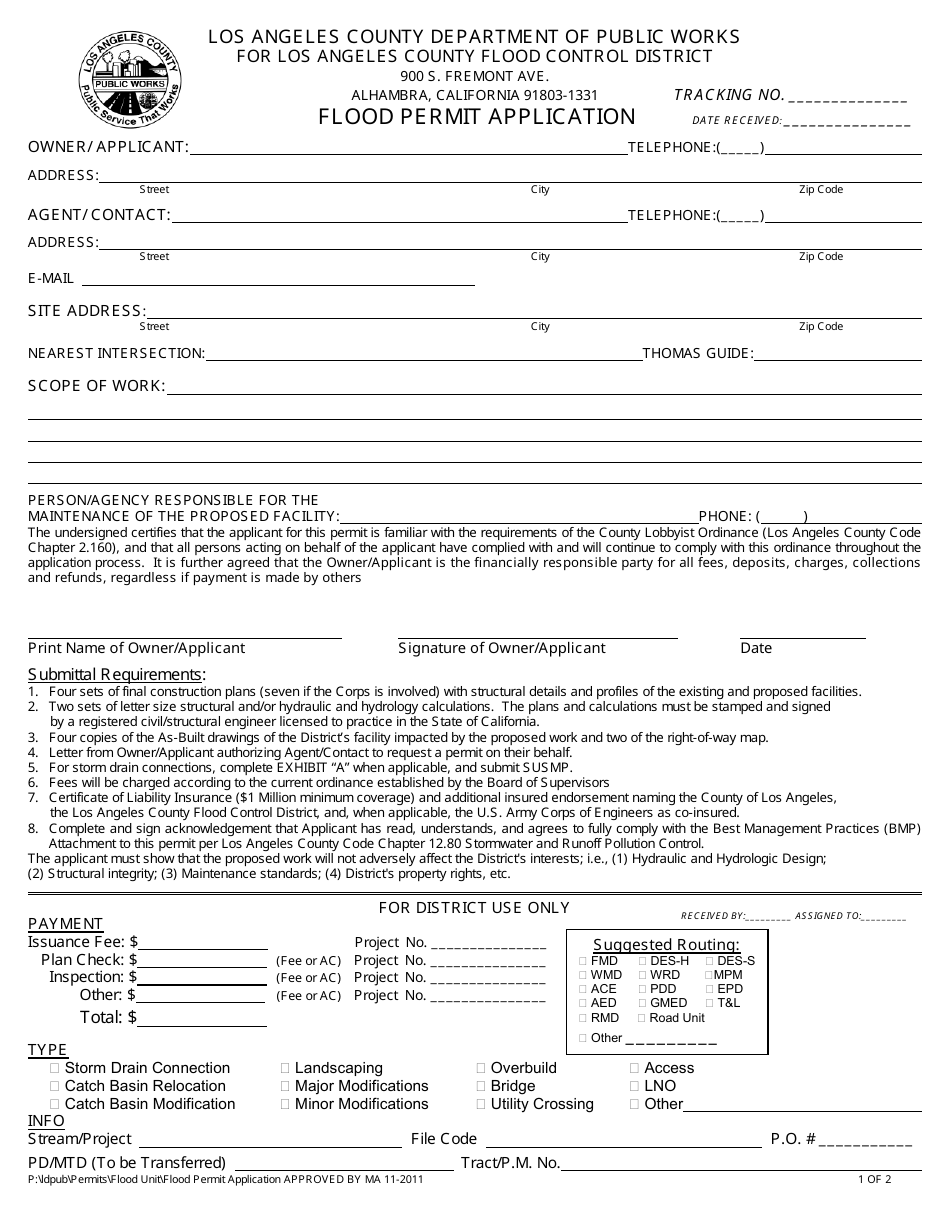 Flood Permit Application Form - Los Angeles County, California, Page 1