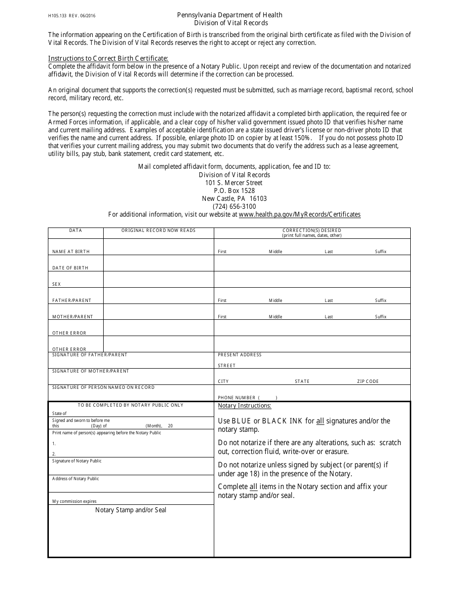 Form H105.133 Birth Correction Statement - New Castle, Pennsylvania, Page 1
