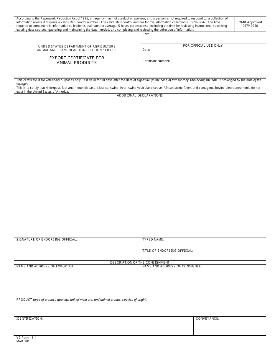 Form 16-4 Export Certificate for Animal Products, Page 1