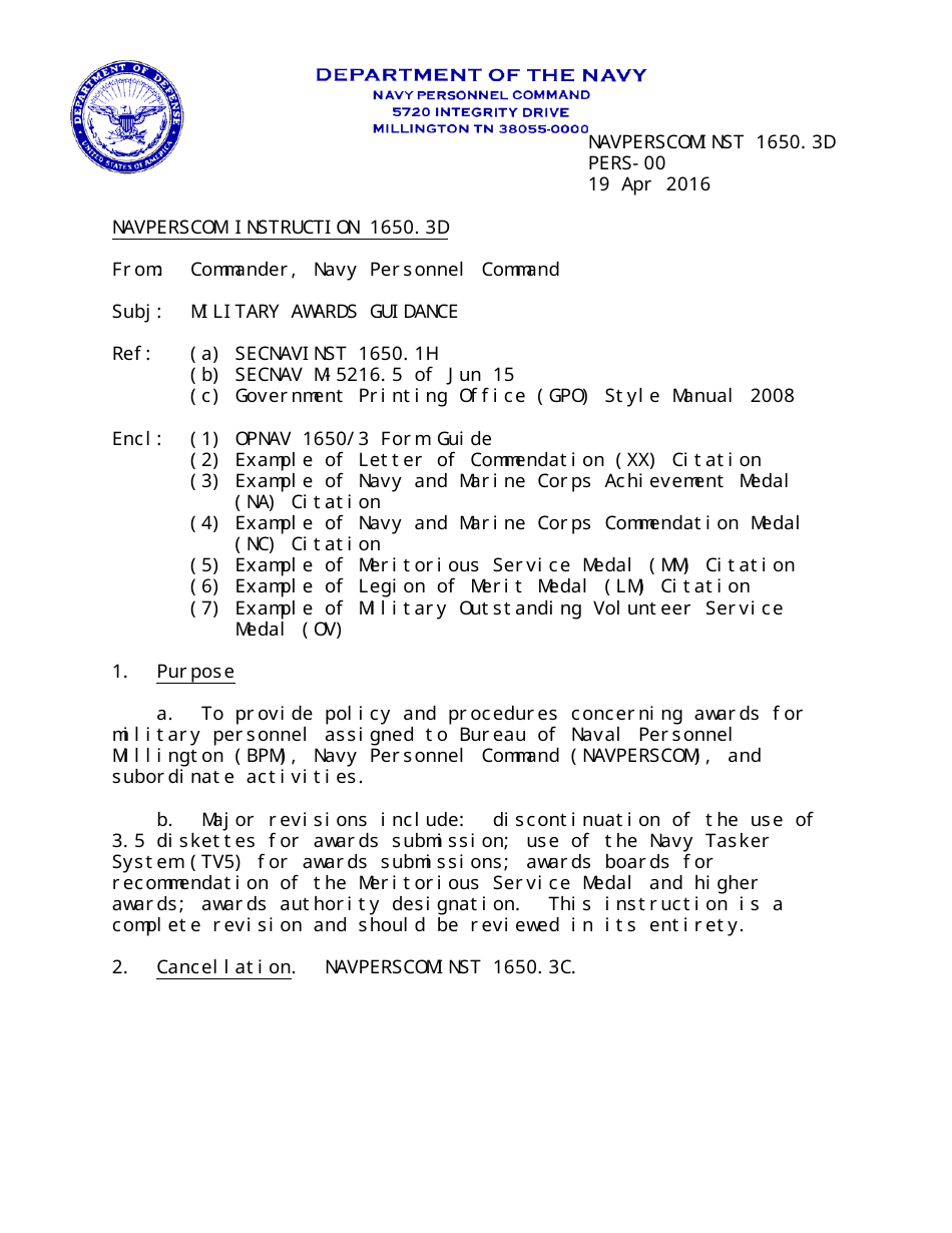 Navperscom Instruction 1650.3d - Military Awards Guidance, Page 1