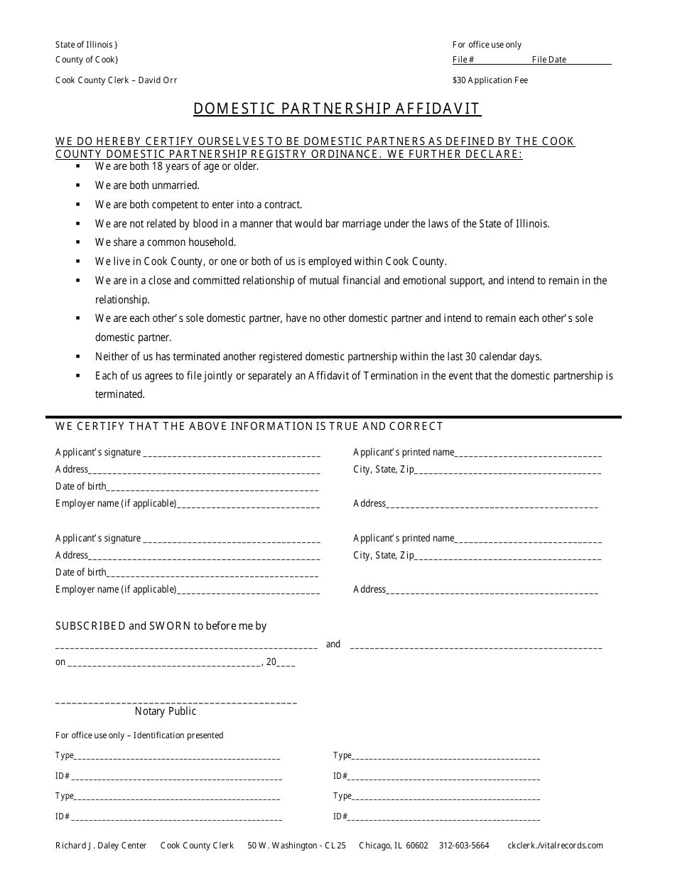 Domestic Partnership Affidavit Form - Cook County, Illinois, Page 1