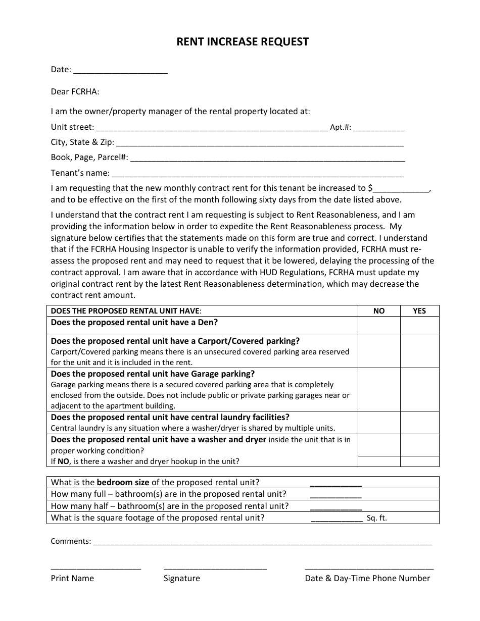 Rent Increase Request Form - Fairfax County, Virginia, Page 1