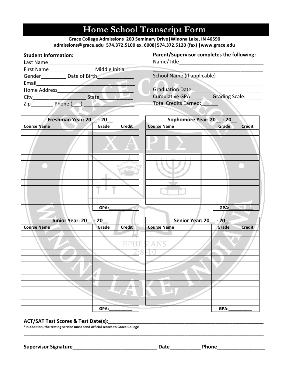 Home School Transcript Form - Grace College - Indiana, Page 1