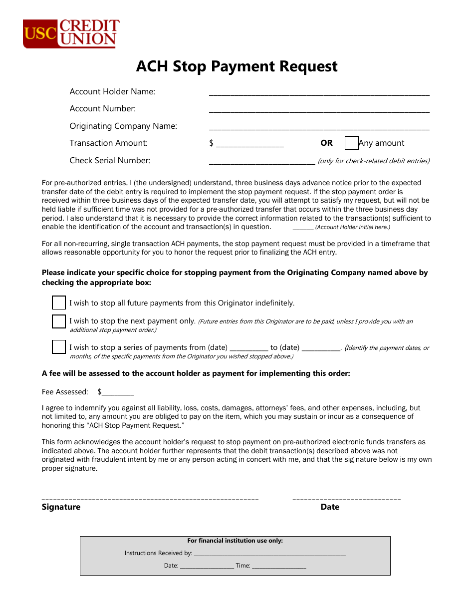 ACH Stop Payment Request Form Usc Credit Union Download Fillable PDF 