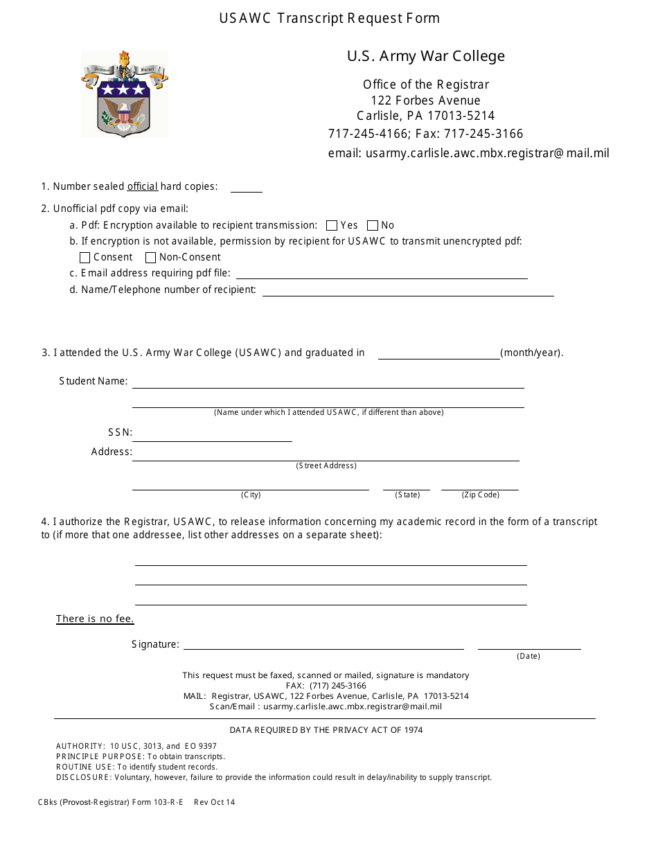Form 103-r-e Usawc Transcript Request Form - U.S. Army War College - Massachusetts, Page 1
