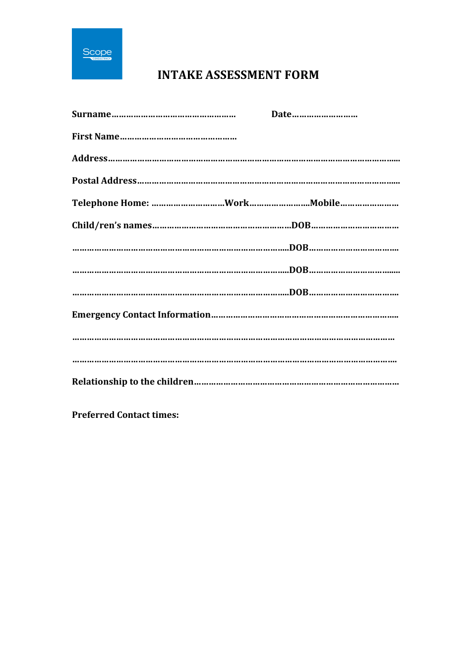 Intake Assessment Form - Scope Consultancy, Page 1