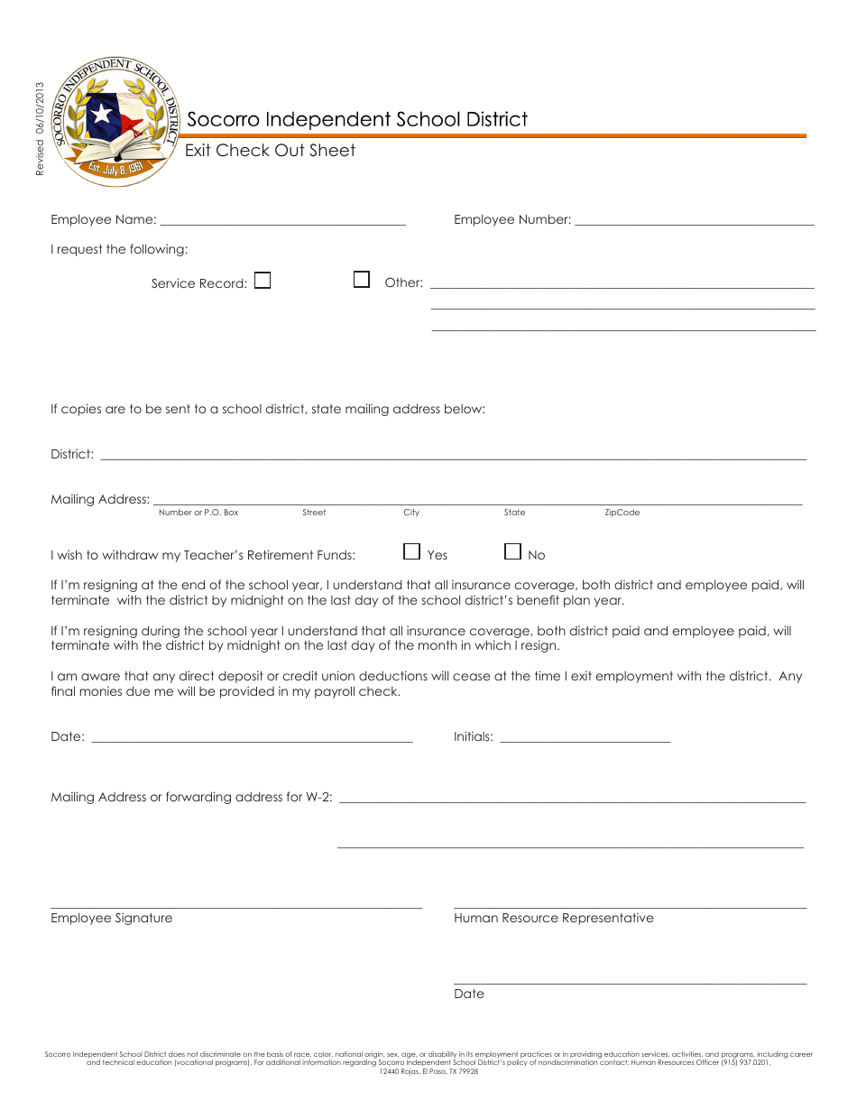Exit Check out Sheet - Socorro Independent School District Download ...