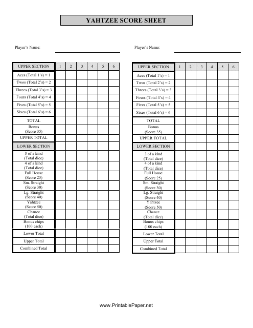 Yahtzee Score Sheet Download Printable PDF | Templateroller