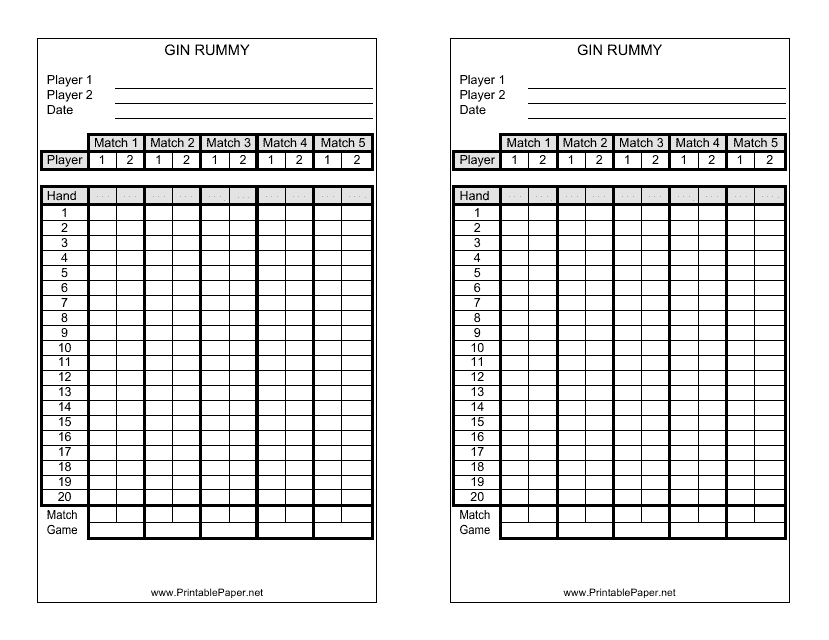 &quot;Gin Rummy Score Sheet Template&quot; Download Pdf
