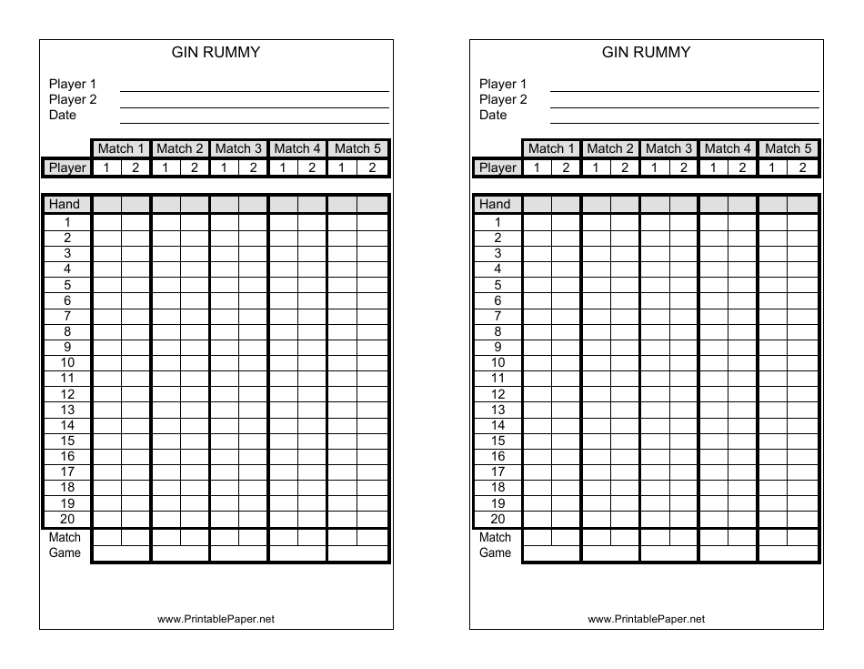 Gin Rummy Score Sheet Template Preview
