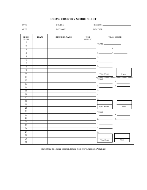 Cross Country Score Sheet Template