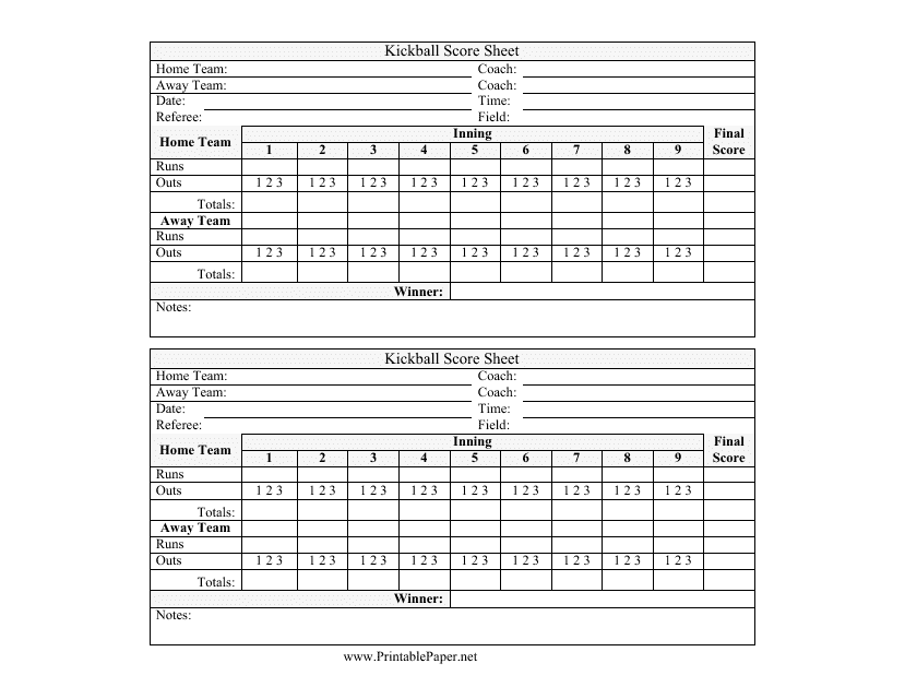 &quot;Kickball Score Sheet Template&quot; Download Pdf