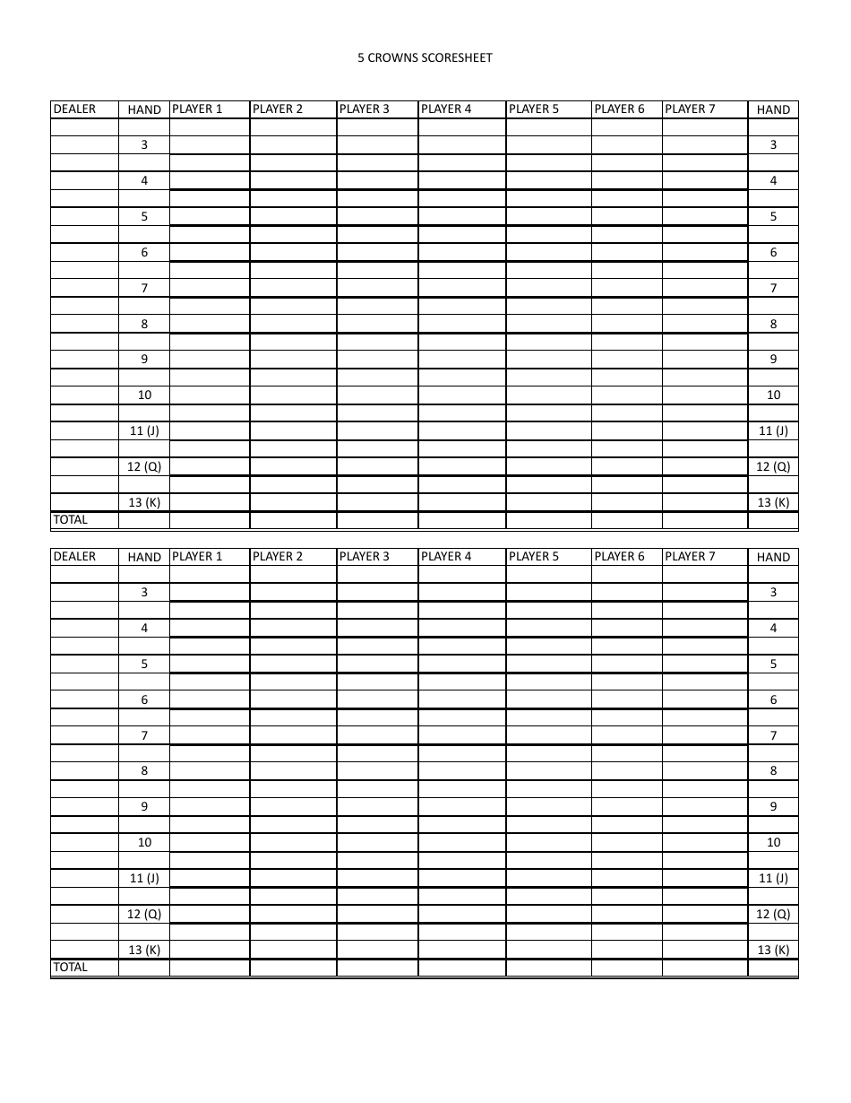 Five Crowns Score Sheet Template Download Printable PDF Templateroller