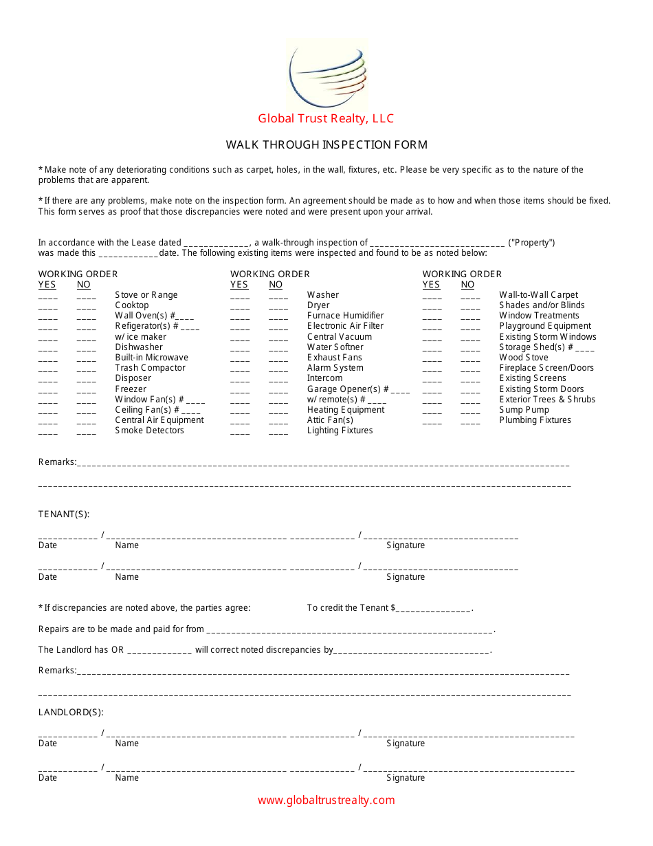 Walk Through Inspection Form - Global Trust Realty, Page 1