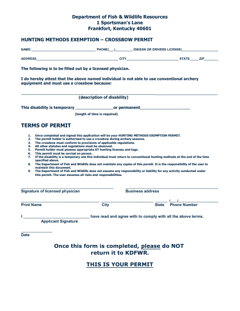Hunting Methods Exemption Form - Crossbow Permit - Kentucky Download Pdf