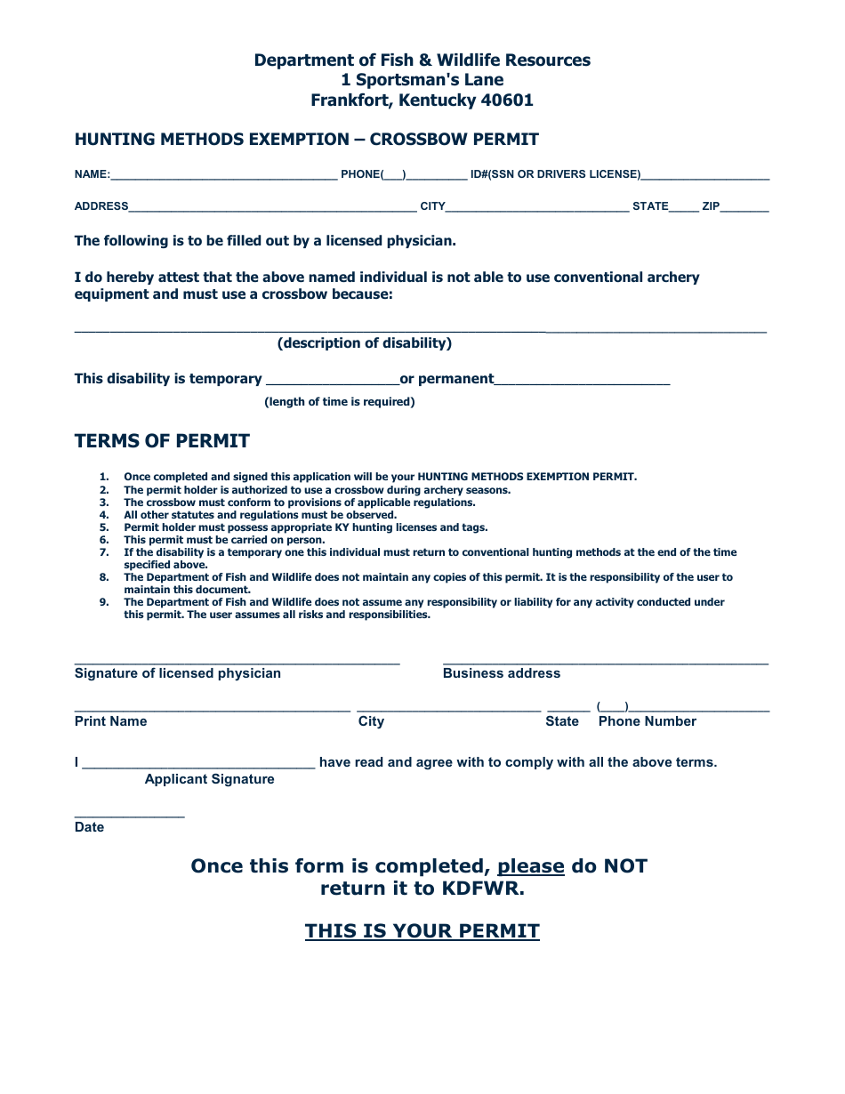 Hunting Methods Exemption Form - Crossbow Permit - Kentucky, Page 1